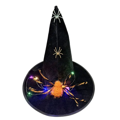 Halloween Glowing Witch Hat With Plush Spider LED Light Black Velvet Pointed Wizard Hat For Cosplay Party Decoration