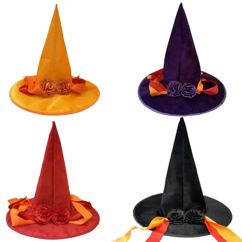 Chapeau de Sorcière Halloween Mascarade Ruban Chapeau de Magicien Fleur Plume Décoration Cap de Sorcière Magie Fête Costume Accessoire Coiffure