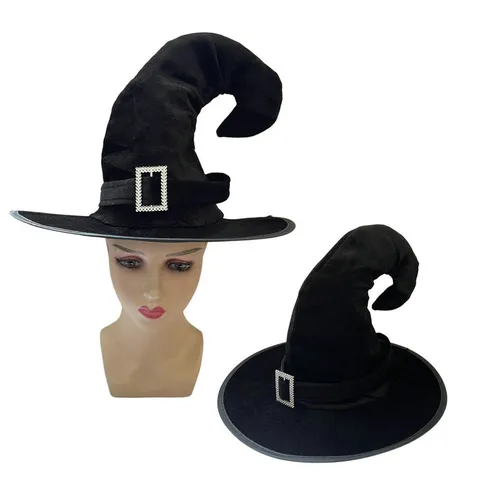 Sombrero de Bruja de Halloween Mago Elfo Punta Torcida de Terciopelo Con Hebilla de Strass Tocado de Fiesta Carnaval Mascarada Adultos