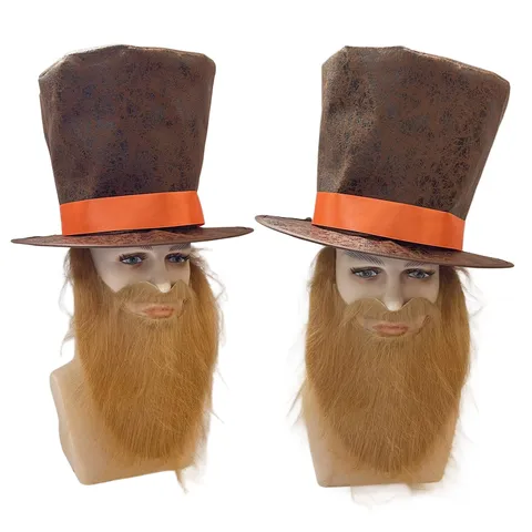 Cilindro Vintage in Camoscio da Mago Cappello da Gentiluomo Con Set di Barba Finta Grande per Puntelli Cosplay di Festa in Costume di Halloween