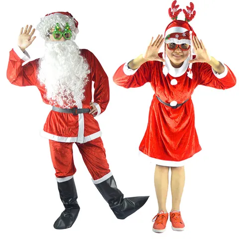 Adult Weihnachten Weihnachtsmann Kostüm Performance Anzug Für Damen Herren Samt Xmas Outfit Set Mit Hut Bart Gürtel Zubehör