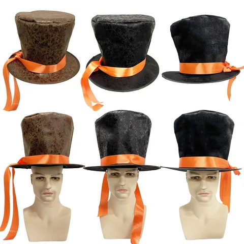 Vintage Steampunk Top Hat Distressed Suede Velvet Lincoln Gentleman Hat With Orange Ribbon For Halloween Party Costume Magician Hat