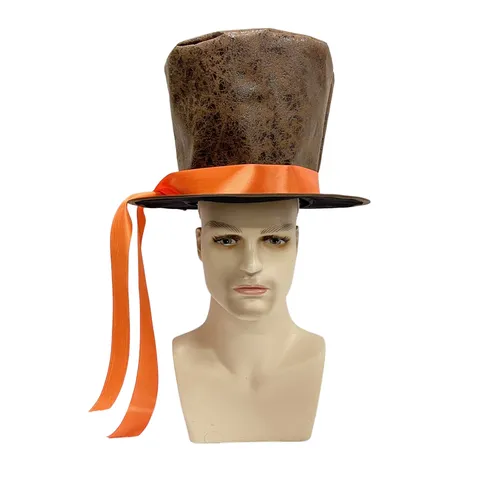 Vintage Steampunk Top Hat Distressed Suede Velvet Lincoln Gentleman Hat With Orange Ribbon For Halloween Party Costume Magician Hat