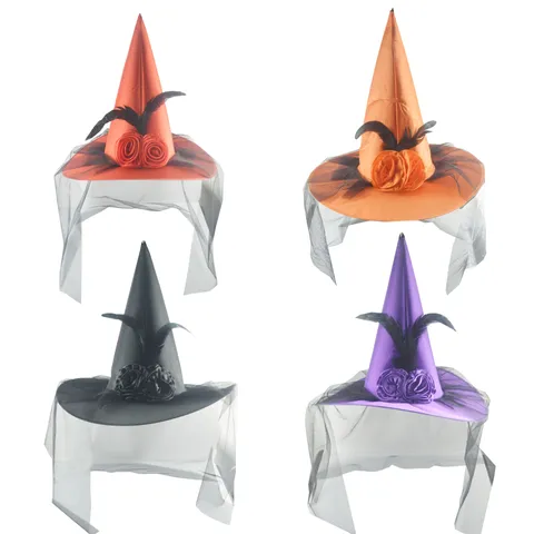 Cappello da Strega di Halloween Mago Velluto Rosa Velo di Rete Piuma Berretto per Cosplay Ballo Costume Festa Decorazione