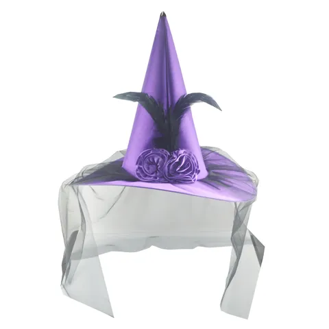 Cappello da Strega di Halloween Mago Velluto Rosa Velo di Rete Piuma Berretto per Cosplay Ballo Costume Festa Decorazione