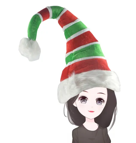 Creative Christmas Elf Hat Fabric Red Green Striped Plush Trim Curved Horn Party Hat For Adult Kids Festive Holiday Decor