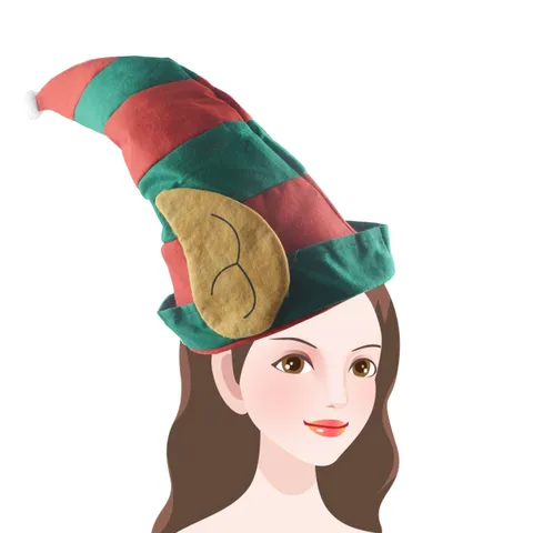 Christmas Elf Hat Red Green Striped Joker Hat With Ears White Pom Pom Party Costume Hat For Holiday Party Decorations