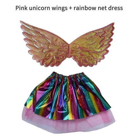 Kids Unicorn Costume Set Pink Laser Angel Wings With Rainbow Tulle Mesh Tutu Skirt For Birthday Performance Party Props