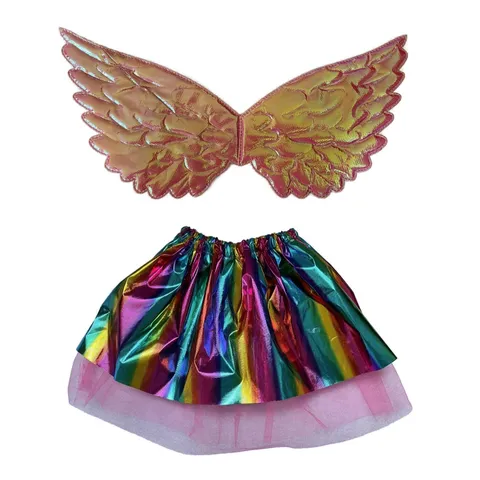 Kids Unicorn Costume Set Pink Laser Angel Wings With Rainbow Tulle Mesh Tutu Skirt For Birthday Performance Party Props