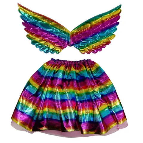 Metallic Fabric Rainbow Tutu Skirt With Unicorn Angel Wings Costume Props Set For Kids Performance Photography Party Outfits