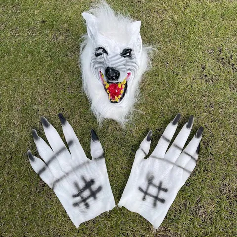 Halloween Gruselig Wolf Maske Und Kunstfell Handschuhe Set Horror Weiß Tier Kopfbedeckung Realistisch Kostüm Requisiten Für Cosplay Kostümparty Zubehör