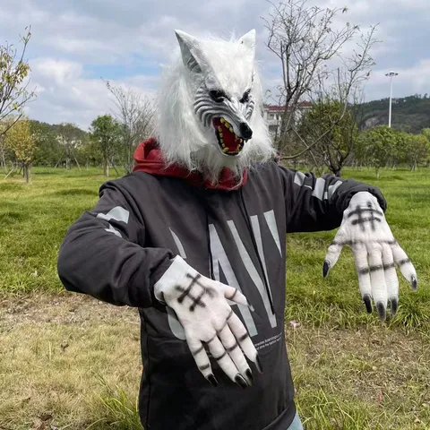 Halloween Gruselig Wolf Maske Und Kunstfell Handschuhe Set Horror Weiß Tier Kopfbedeckung Realistisch Kostüm Requisiten Für Cosplay Kostümparty Zubehör