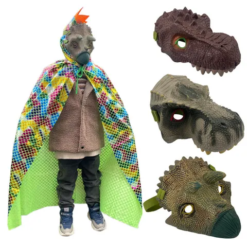 Kids Dinosaur Mask And Shiny Scale Cape Set For Boys Girls Halloween Masquerade Animal Cosplay Party Costume T-Rex Mask Cloak