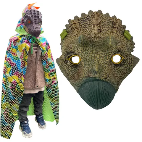 Kids Dinosaur Mask And Shiny Scale Cape Set For Boys Girls Halloween Masquerade Animal Cosplay Party Costume T-Rex Mask Cloak