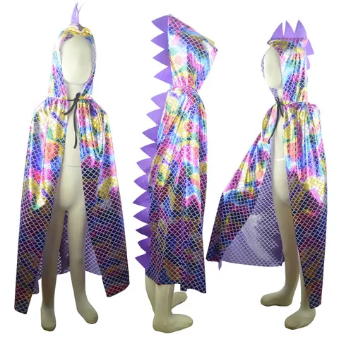 Kids Dinosaur Sequin Cape Halloween Costume Shiny Scale Hooded Cloak For Boys Girls Party Dress Up Role Play Performance