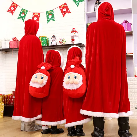 Rode Fluwelen Kerstmantel Met Witte Nepbont Rand Capuchon Kostuum Voor Volwassenen En Kinderen Feestelijke Cosplay Rekwisiet