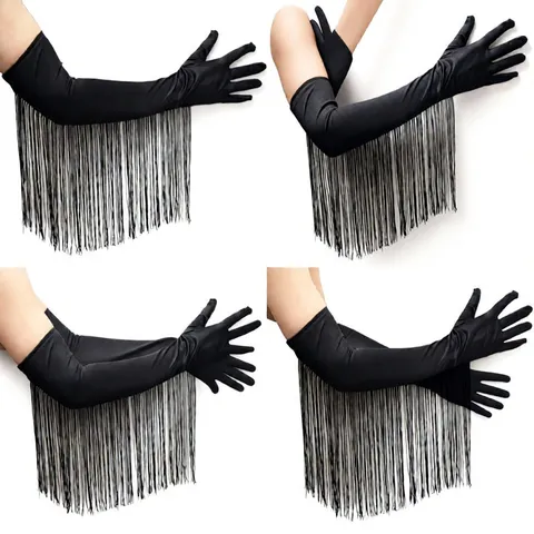 Damen Lange Fransen Opernhandschuhe Elegante Satin Quasten Handschuhe Für Hochzeit Party Bühne Performance Sexy Abendkleid Zubehör
