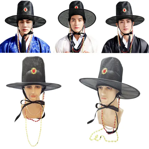 Cappello Ufficiale Tradizionale in Mesh Ricamato Antico Hanfu Cosplay Gat Cappello Con Nappa Strass Gemma Rossa Accento Nero