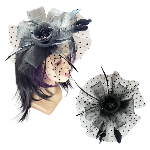 Vintage Mesh Feather Top Hat Fascinator Alloy Polka Dot Bowknot Artificial Pearl Hair Hairpin Hair Clip For Women Banquet Party Halloween