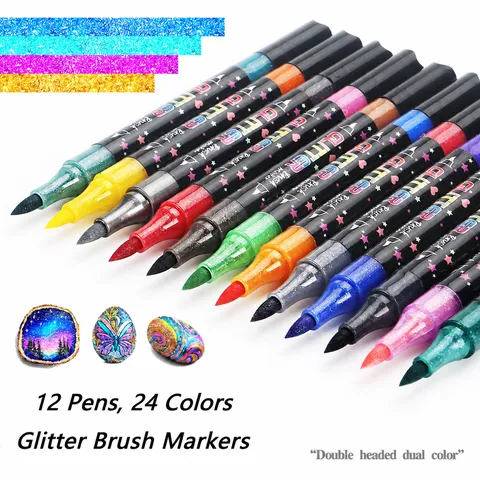 Double Headed Dual Color Glitter Marker Pens Shimmer Highlighters For Kids Drawing Art School Supplies