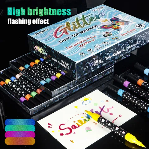Double Line Metallic Glitter Markers Dual Tip Highlighter Pens For School Scrapbooking Journaling Art Supplies