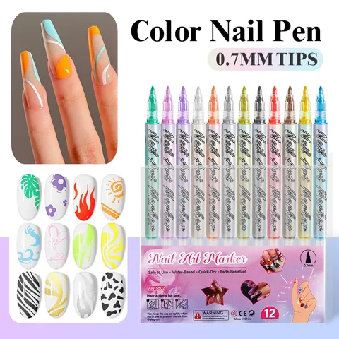 12 Kleuren Nail Art Marker Pennen Fijne Punt Sneltrogende Acrylverf Pennen voor DIY Nagelontwerp Manicure