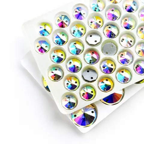 Round Octagonal AB Color Flat Back Glass Rhinestones Double Hole Hand Sewn DIY Garment Clothing Accessories Craft Jewelry Making
