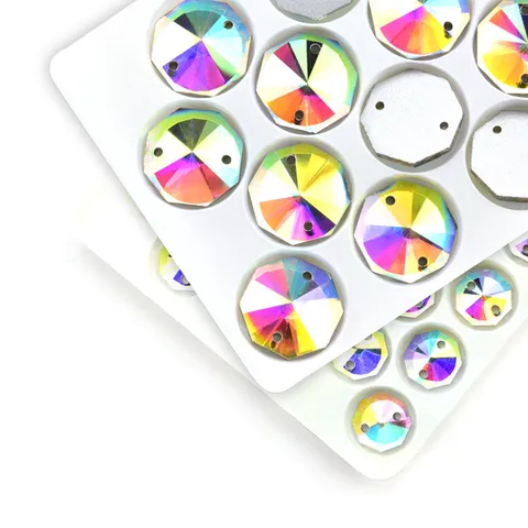 Rund Achteckig AB Farbe Flache Rückseite Glas Strasssteine Doppelten Loch Handgenäht DIY Kleidungsstück Zubehör Handwerk Schmuck