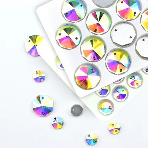 Rund Achteckig AB Farbe Flache Rückseite Glas Strasssteine Doppelten Loch Handgenäht DIY Kleidungsstück Zubehör Handwerk Schmuck