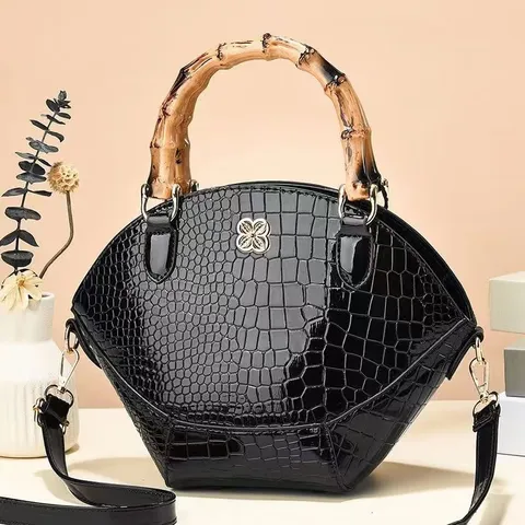 Retro Krokodillenpatroon PU Leer Top Handle Bag Bamboegreep Dames Casual Crossbody Schoudertas Handtas