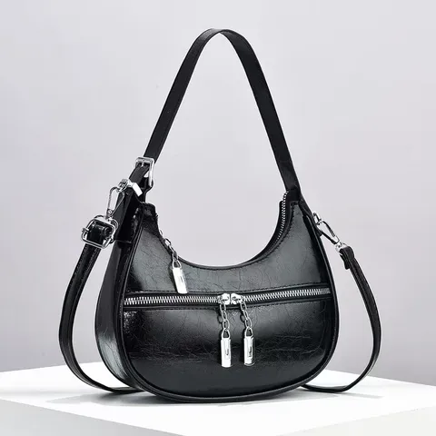 Franse Vintage PU Lederen Okseltas Mode Halve Maan Hobo Tas Vrouwen Effen Kleur Rits Schoudertas Dagelijkse Handtas