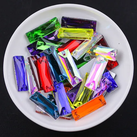 Flache Unterseite Doppelloch Langer Streifen Bunte AB Glas Kristall Strass Aufnähbare Edelsteine DIY Kleidungszubehör