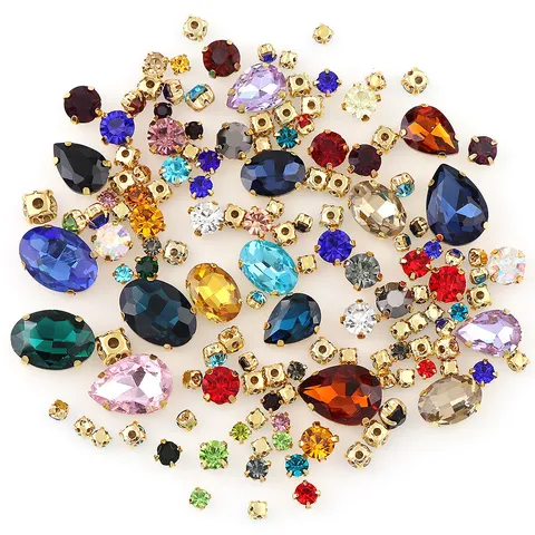 Multicolor Klauwboor Set Gouden Basis Diverse Vormen Kristallen Stenen Voor DIY Kleding Trouwjurk Sieraden