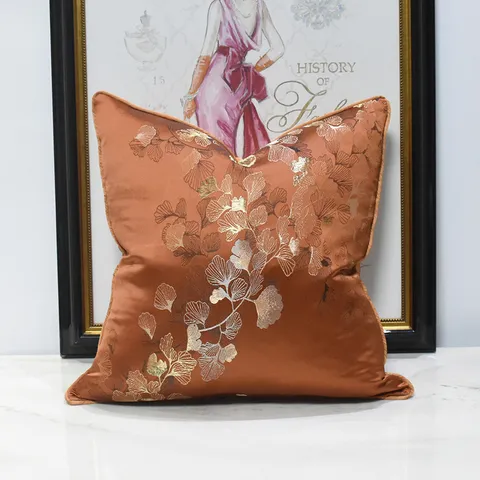 Fodera per Cuscino di Lusso Moderna Foglia di Ginkgo Ricamata Federa Decorativa in Morbido Cotone per Divano Soggiorno