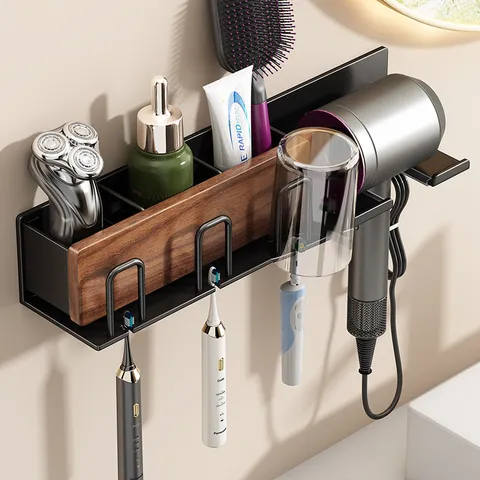 Support Sèche-Cheveux Moderne en Bois de Noyer et Alliage d'Aluminium Étagère de Salle de Bain Murale Avec Gobelets