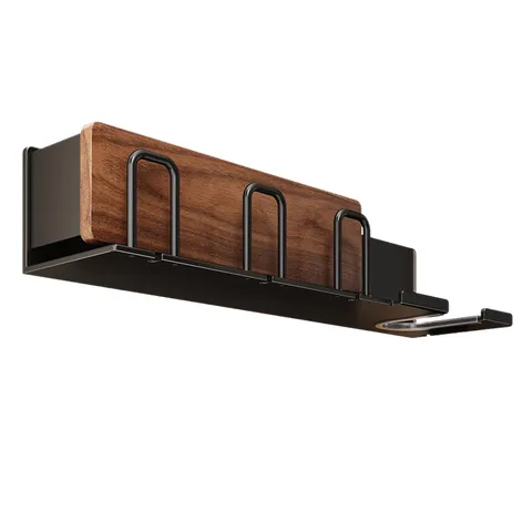 Support Sèche-Cheveux Moderne en Bois de Noyer et Alliage d'Aluminium Étagère de Salle de Bain Murale Avec Gobelets