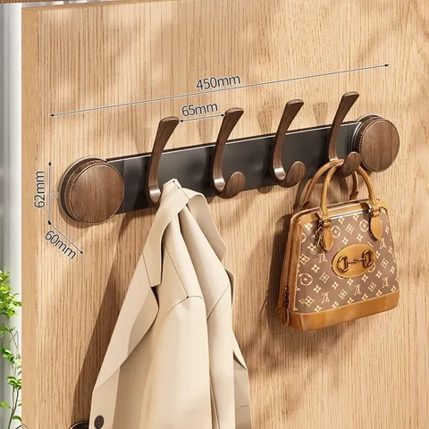 Estante de Gancho de Pared con Ventosa de Vacío de Aluminio Espacial Moderno Textura de Madera de Nogal Riel de Gancho Sin Perforaciones Colgador de Toallas para Organizador de Baño y Cocina