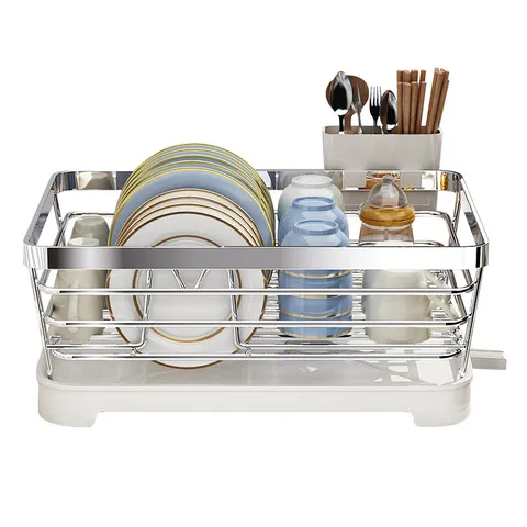 Modern Stainless Steel Dish Drying Rack Kitchen Countertop Tableware Storage Organizer With Drainboard Utensil Holder For Household Bowls Plates Cups Collection