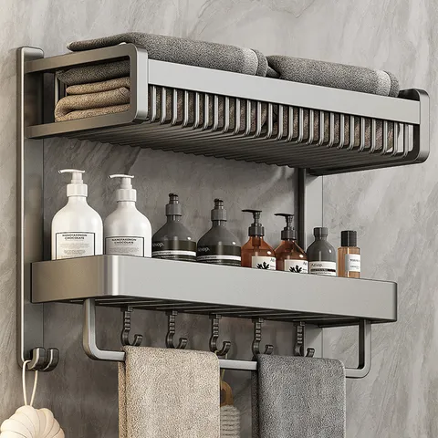 Modern Aluminum Alloy Towel Rack Wall-Mounted Matte Gunmetal Gray Bathroom Organizer Shelf With Hooks Towel Bar Restroom Storage
