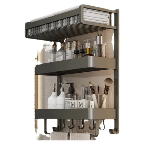 Modern Aluminum Alloy Towel Rack Wall-Mounted Matte Gunmetal Gray Bathroom Organizer Shelf With Hooks Towel Bar Restroom Storage