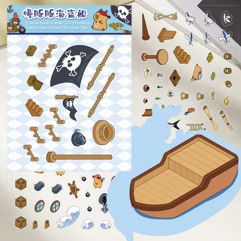 Slow Piggy Piratenschiff 3D Szene Miniatur DIY Cartoon Haus Dekompression Spaß PET Aufkleber Set Dekorativ Tagebuch Abziehbilder