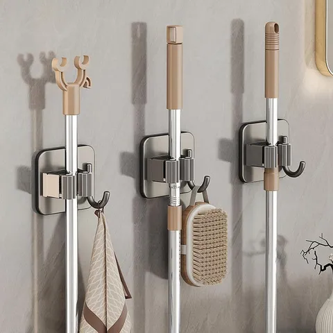 Gunmetal Grau Wandhalterung Mopphalter Ohne Bohren Weltraum Aluminium Besen Organizer Regal Mit Haken Funktionale Lagerung Aufhänger