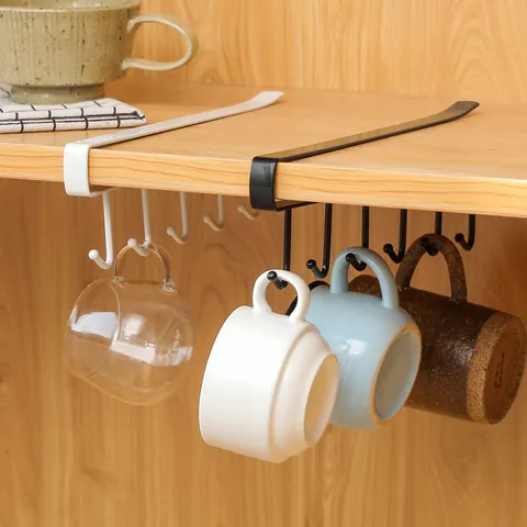 Kitchen Under Cabinet Iron Storage Rack Multi-Hook Nail-Free Hanging Organizer Holder Home Wall Mount Hook
