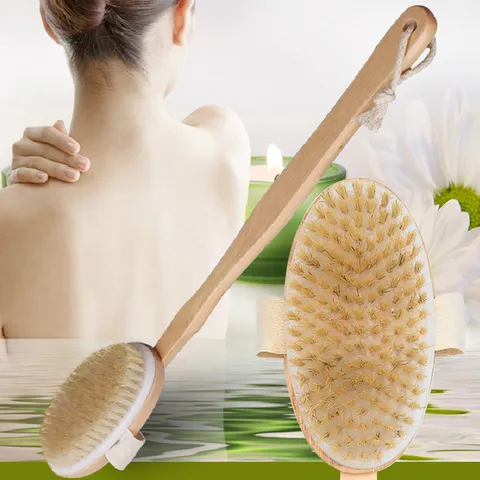 Brosse de Bain en Bois à Long Manche Poils Naturels Exfoliant Brosse de Corps Démontable pour Salle de Bain