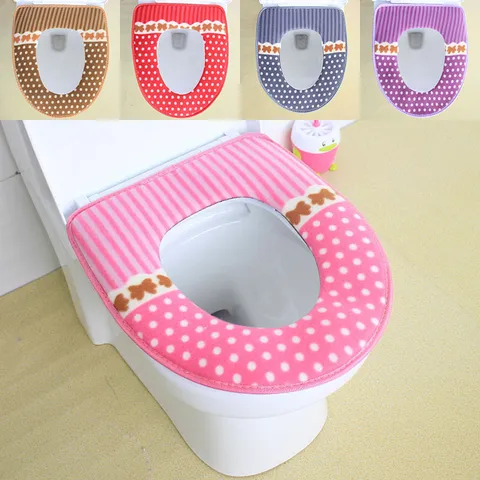 Plush Toilet Seat Cushion Thickened Warm Washable Toilet Cover Mat Polka Dot Design Bathroom Home Decor