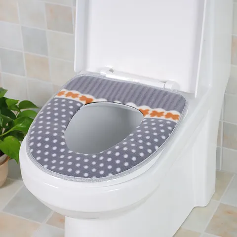 Plush Toilet Seat Cushion Thickened Warm Washable Toilet Cover Mat Polka Dot Design Bathroom Home Decor