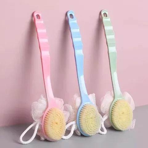 Cepillo de Baño Con Mango Largo Cerdas Suaves y Esponja de Malla para Ducha
