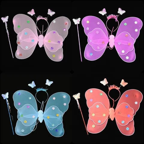 Set di Ali di Farfalla con Paillettes per il Giorno dei Bambini Con Cerchietto Bacchetta Magica Costume da Fata per Ragazze