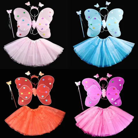Set Ali di Farfalla Angelo per Bambini Ali a Doppio Strato Gonna Tutu in Maglia Bacchetta Magica Cerchietto Accessori per Costumi
