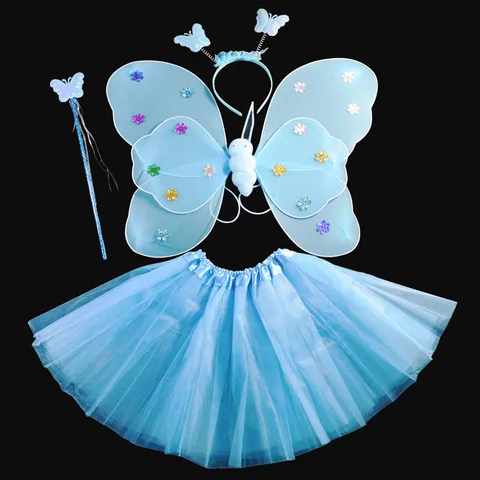 Set Ali di Farfalla Angelo per Bambini Ali a Doppio Strato Gonna Tutu in Maglia Bacchetta Magica Cerchietto Accessori per Costumi